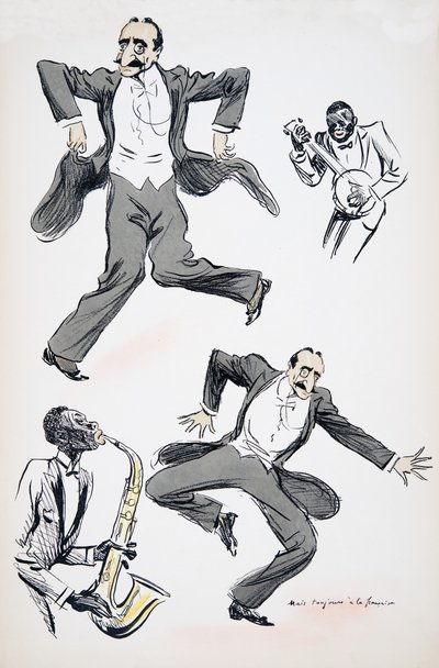 Gentleman en cravate blanche et queue-de-pie dansant tandis que deux musiciens jouent du saxophone et du banjo, de White Bottoms, pub. 1927 - Sem